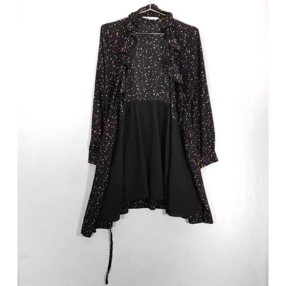 Popsugar Wrap Dress Womens Medium Black Multicolor‎ Stars Ruffle Neck Lined Mini